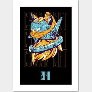 Black Yellow Blue Illustration Cyber Cat Posters and Art